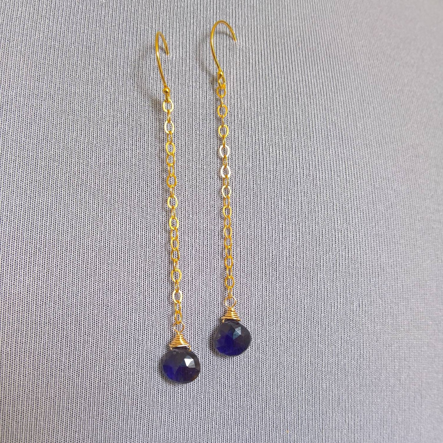 Iolite long dangle earrings in gold fill