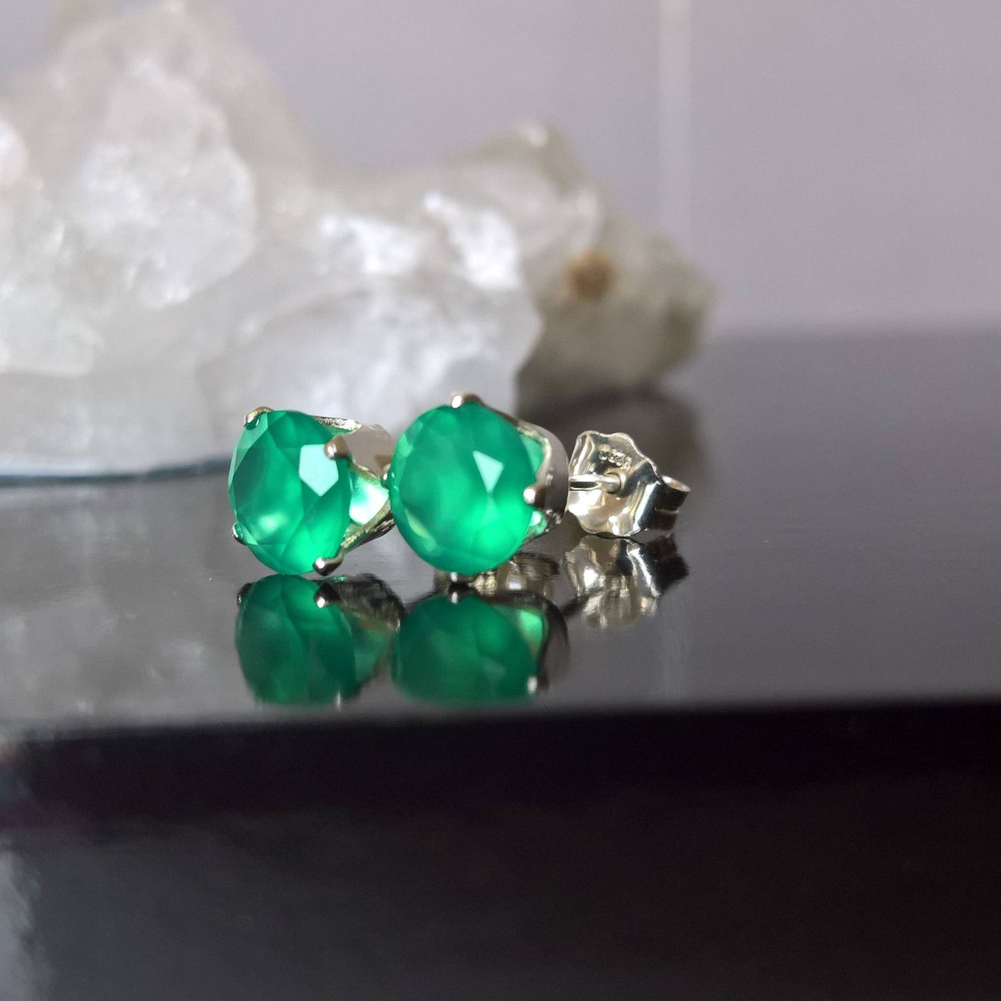 Green onyx stud earrings - Sterling Silver or Gold Fill 6mm