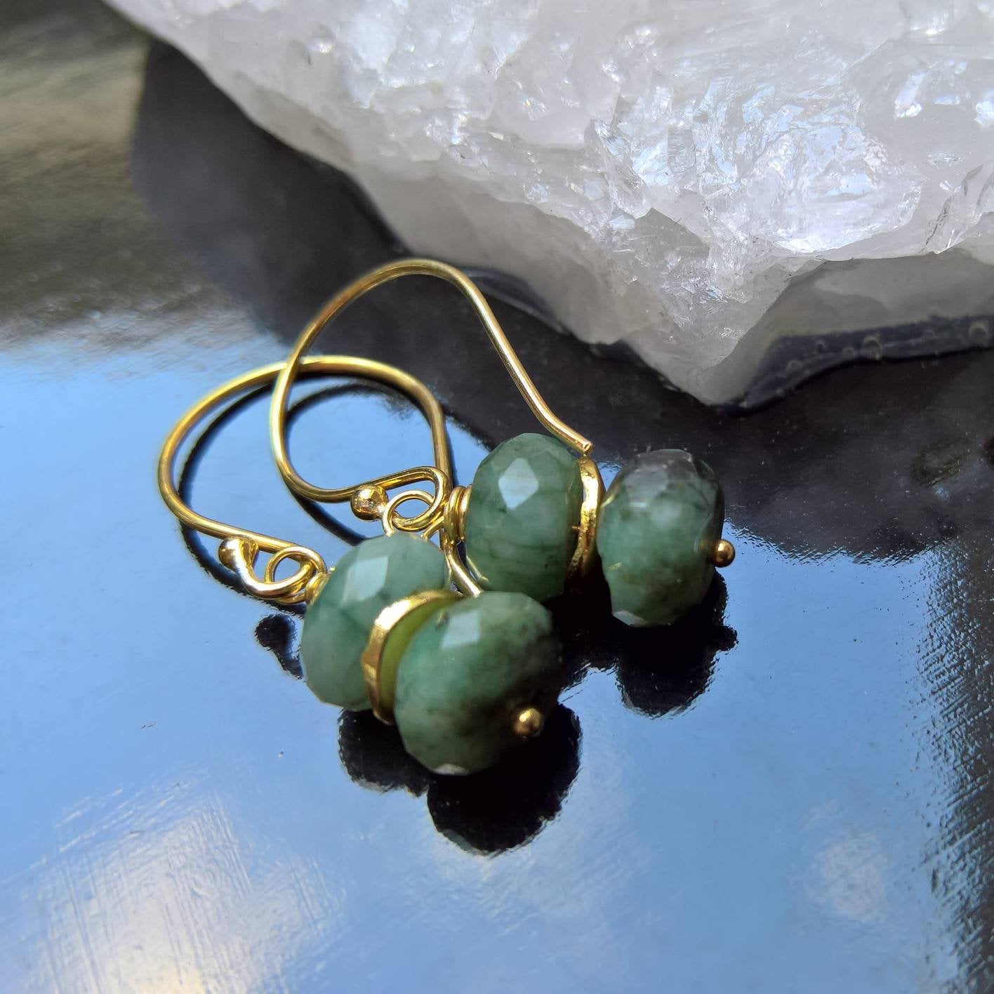 Raw emerald earrings in gold vermeil silver