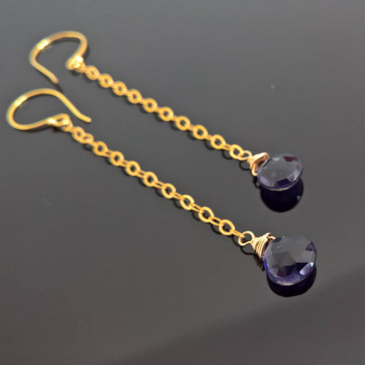 Iolite long dangle earrings in gold fill