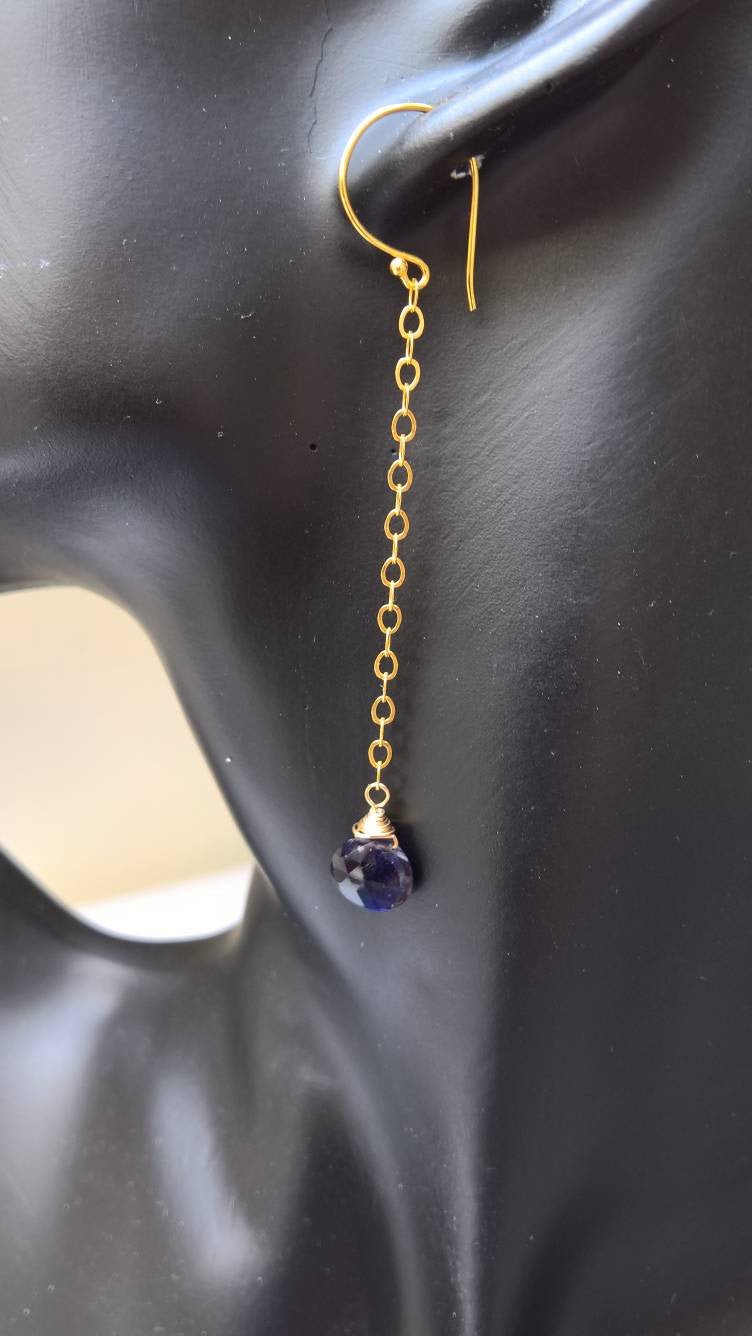 Iolite long dangle earrings in gold fill