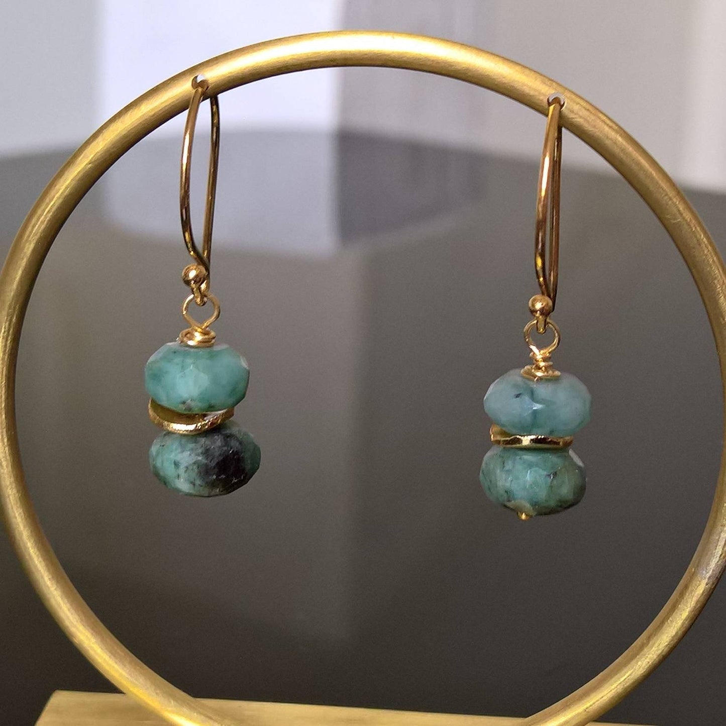 Raw emerald earrings in gold vermeil silver