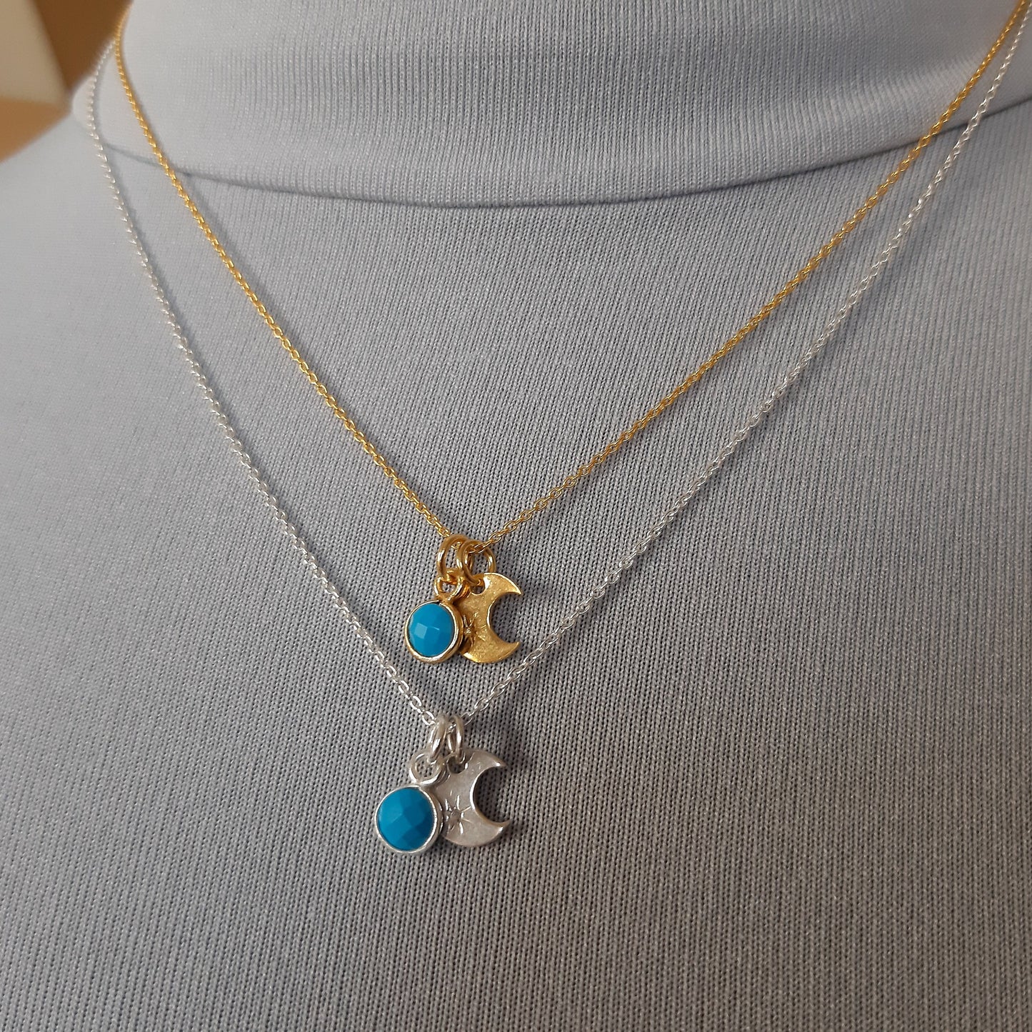 Dainty turquoise Moon phase necklace gold vermeil silver