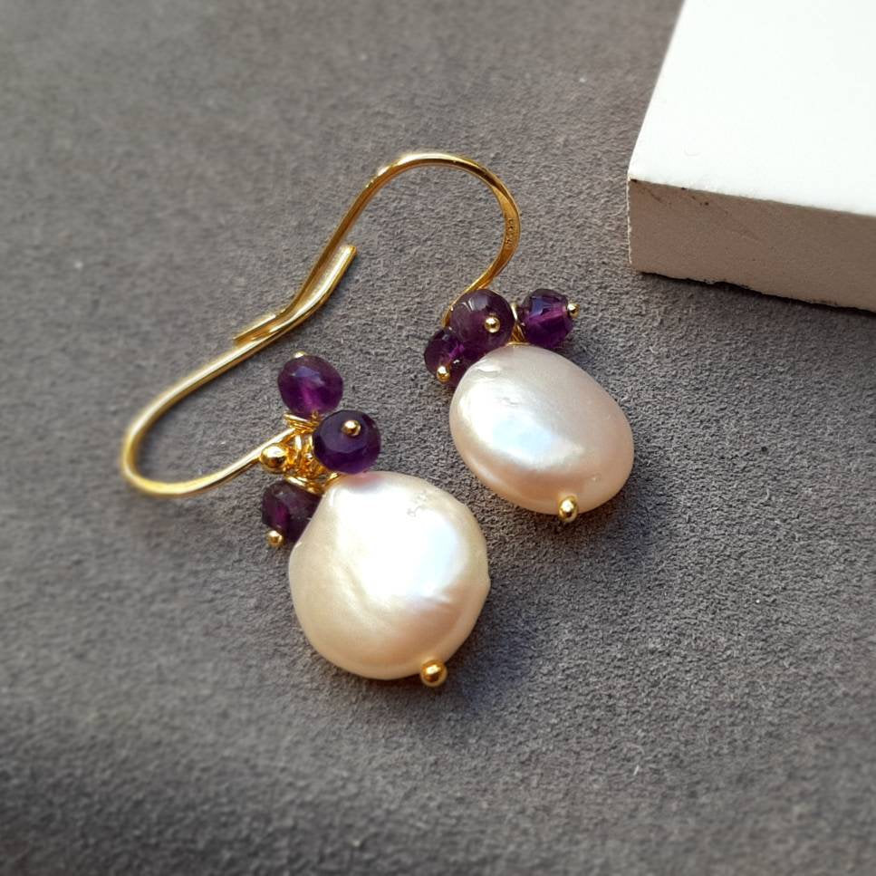 Amethyst pearl drop earrings in gold vermeil silver