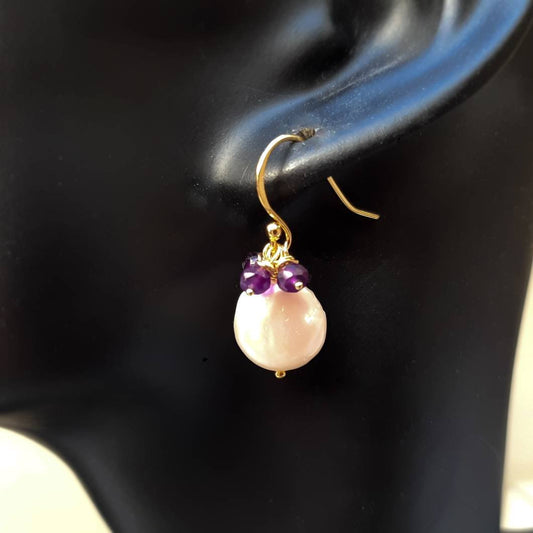 Amethyst pearl drop earrings in gold vermeil silver