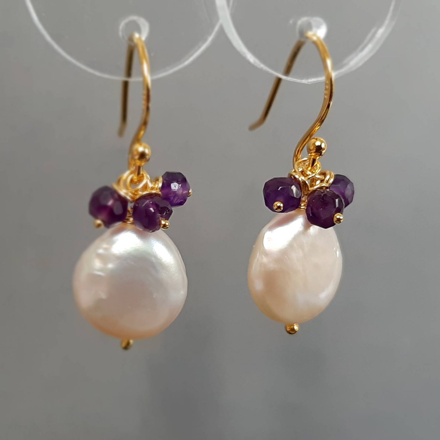 Amethyst pearl drop earrings in gold vermeil silver
