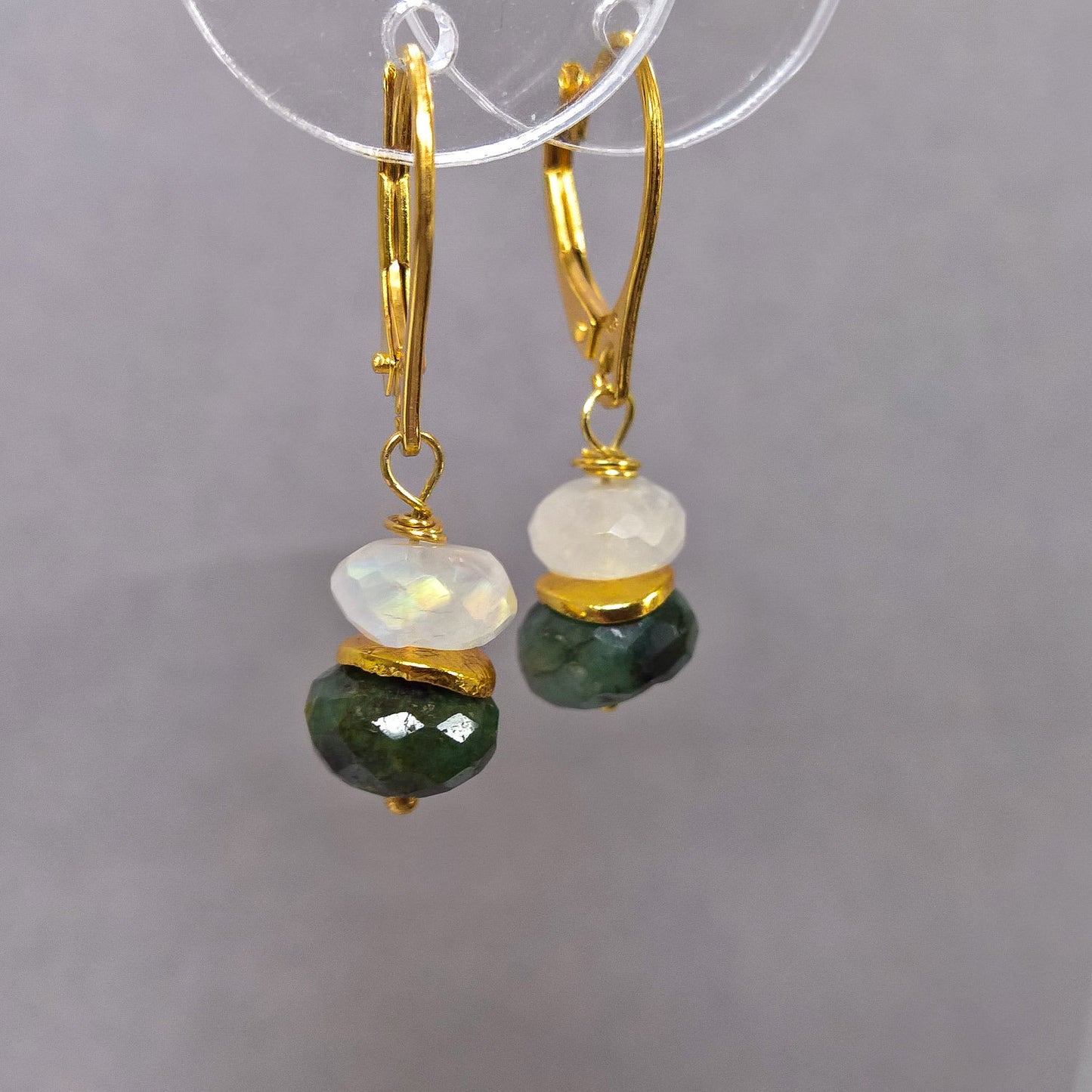 Raw emerald and moonstone drop earrings in gold vermeil silver