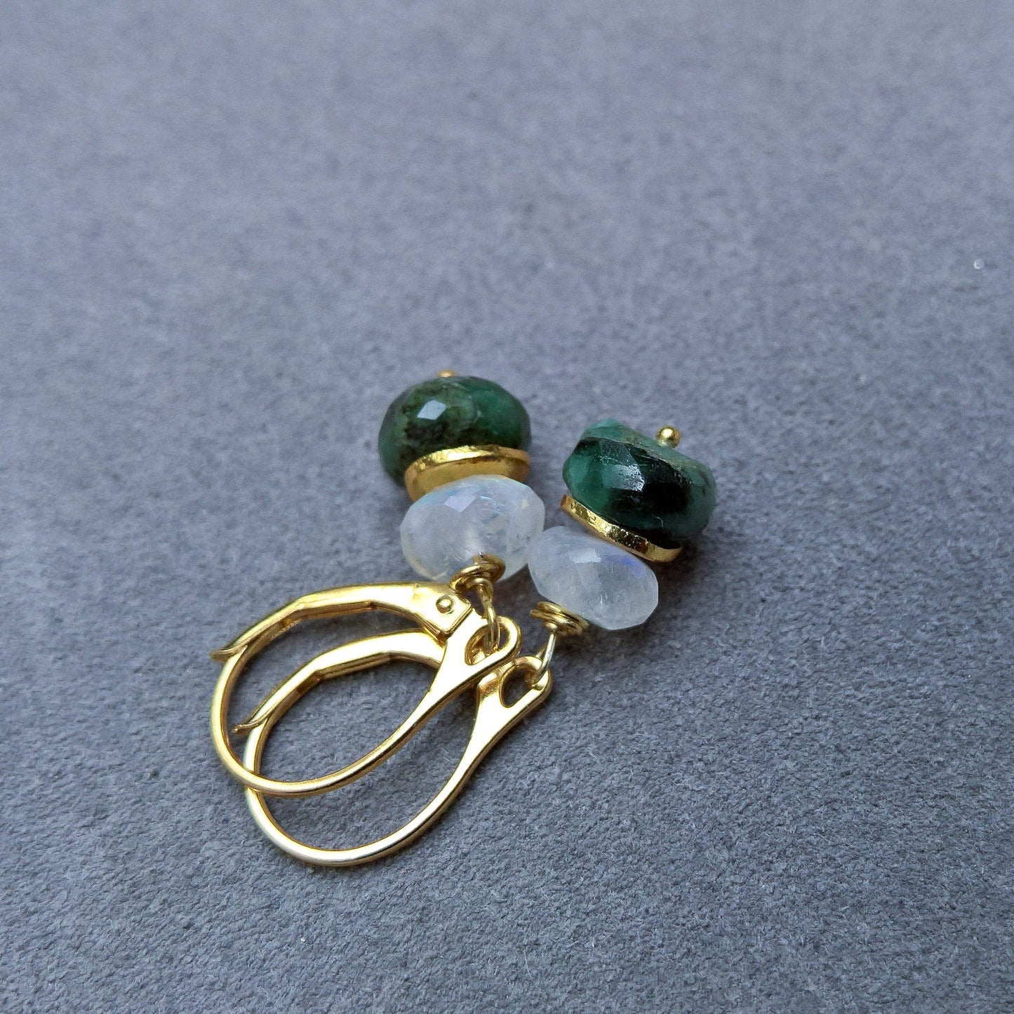 Raw emerald and moonstone drop earrings in gold vermeil silver