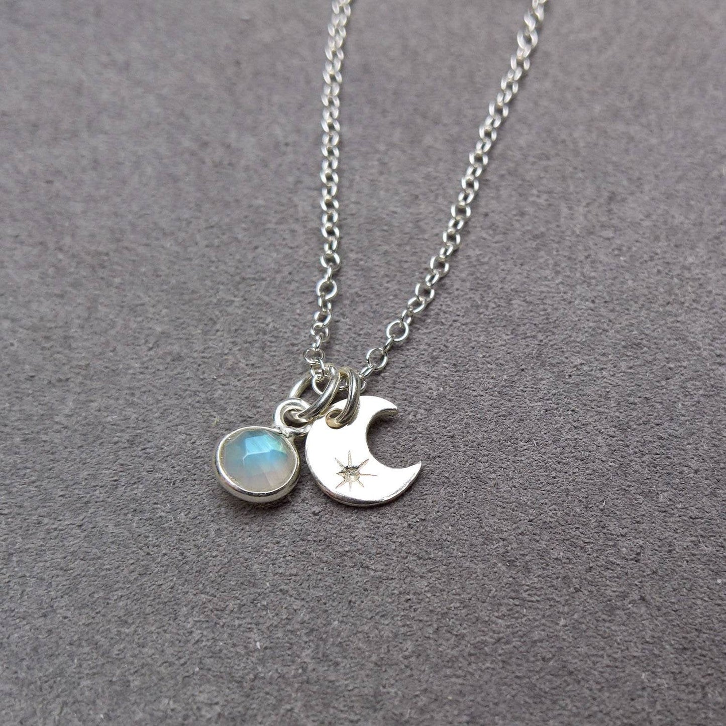 Silver moon and rainbow moonstone necklace