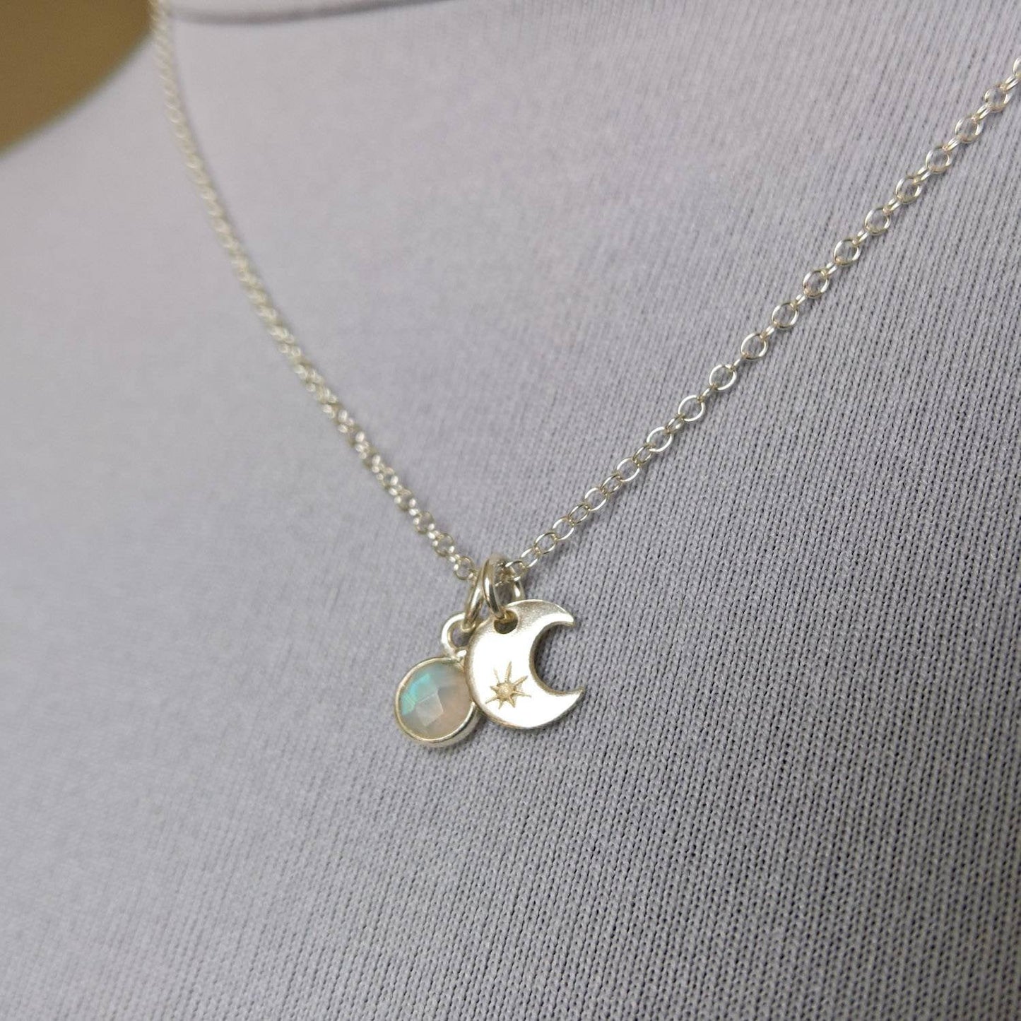 Silver moon and rainbow moonstone necklace