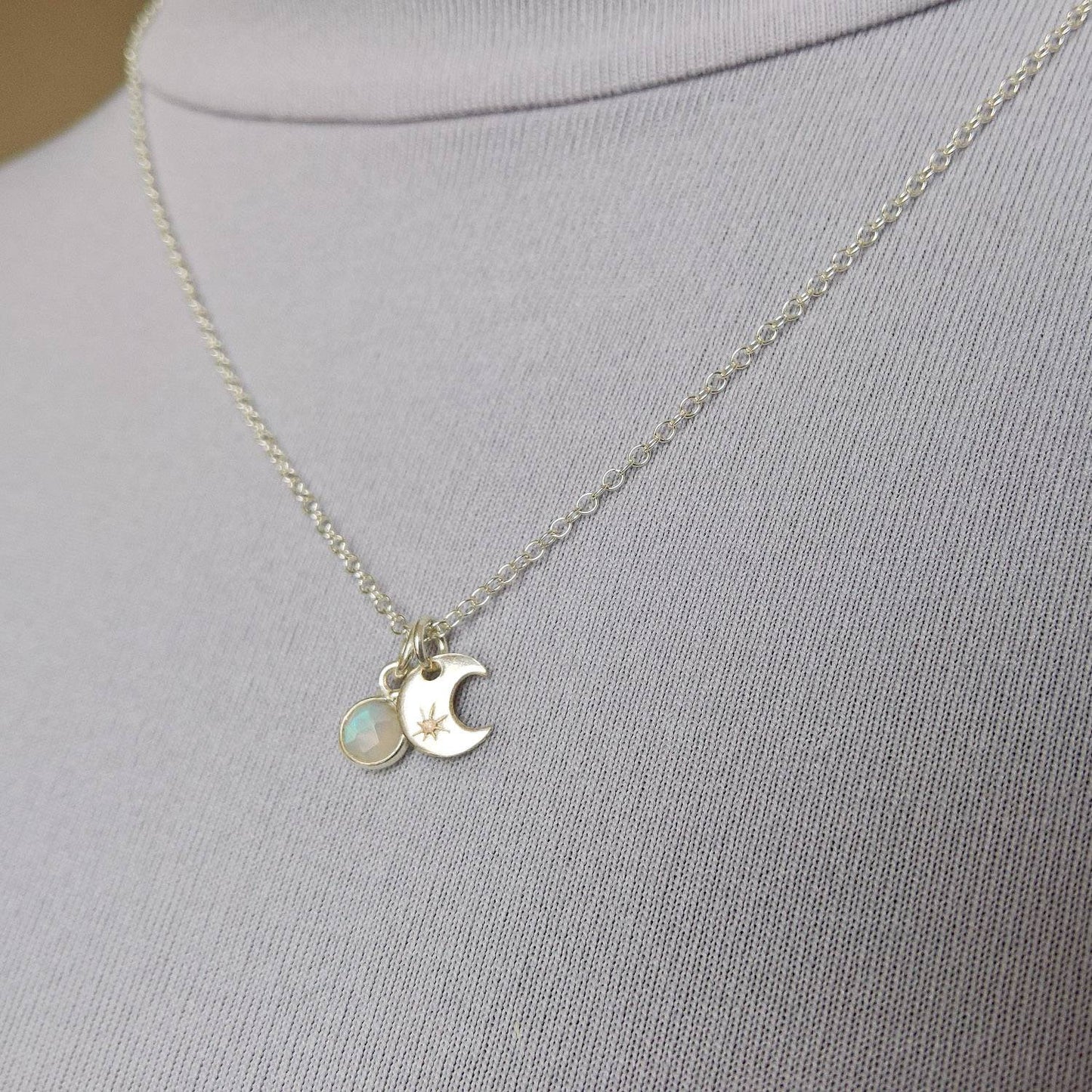 Silver moon and rainbow moonstone necklace
