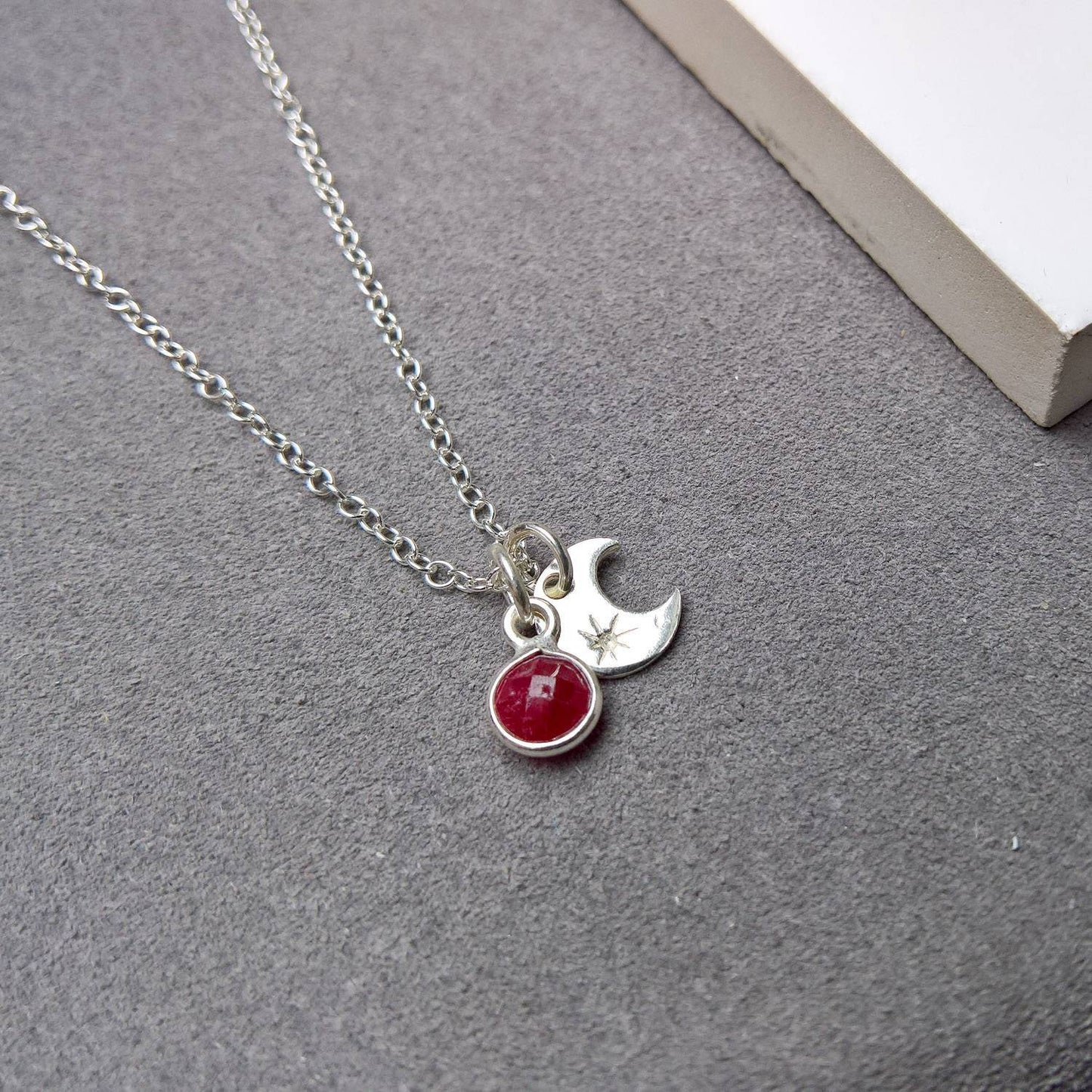 Ruby silver moon necklace