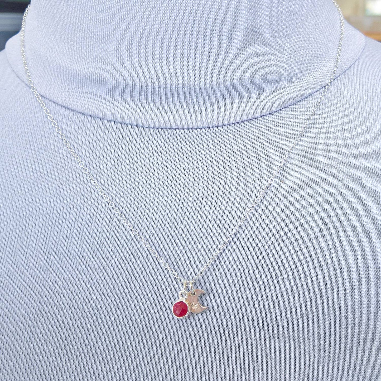 Ruby silver moon necklace
