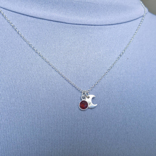 Garnet sterling silver moon charm necklace