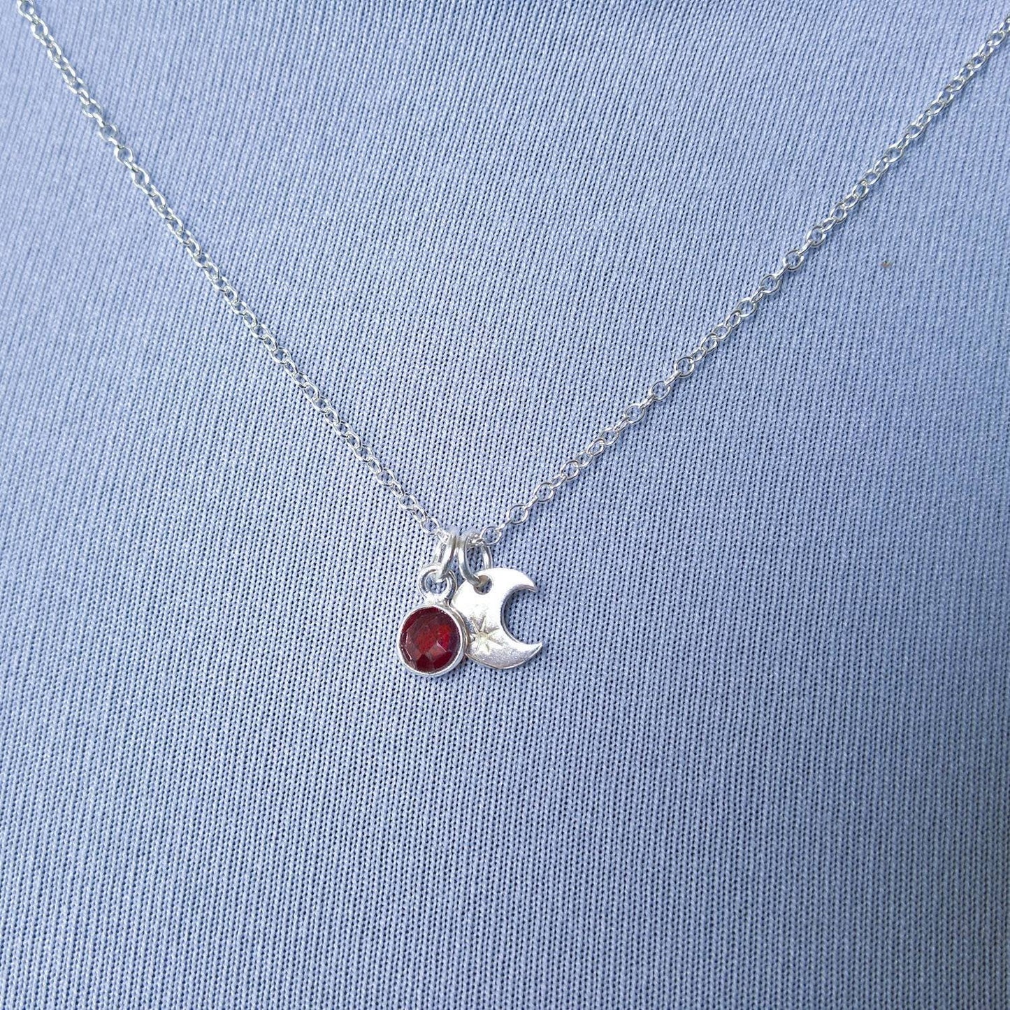 Garnet sterling silver moon charm necklace