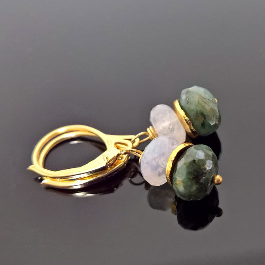 Raw emerald and moonstone drop earrings in gold vermeil silver