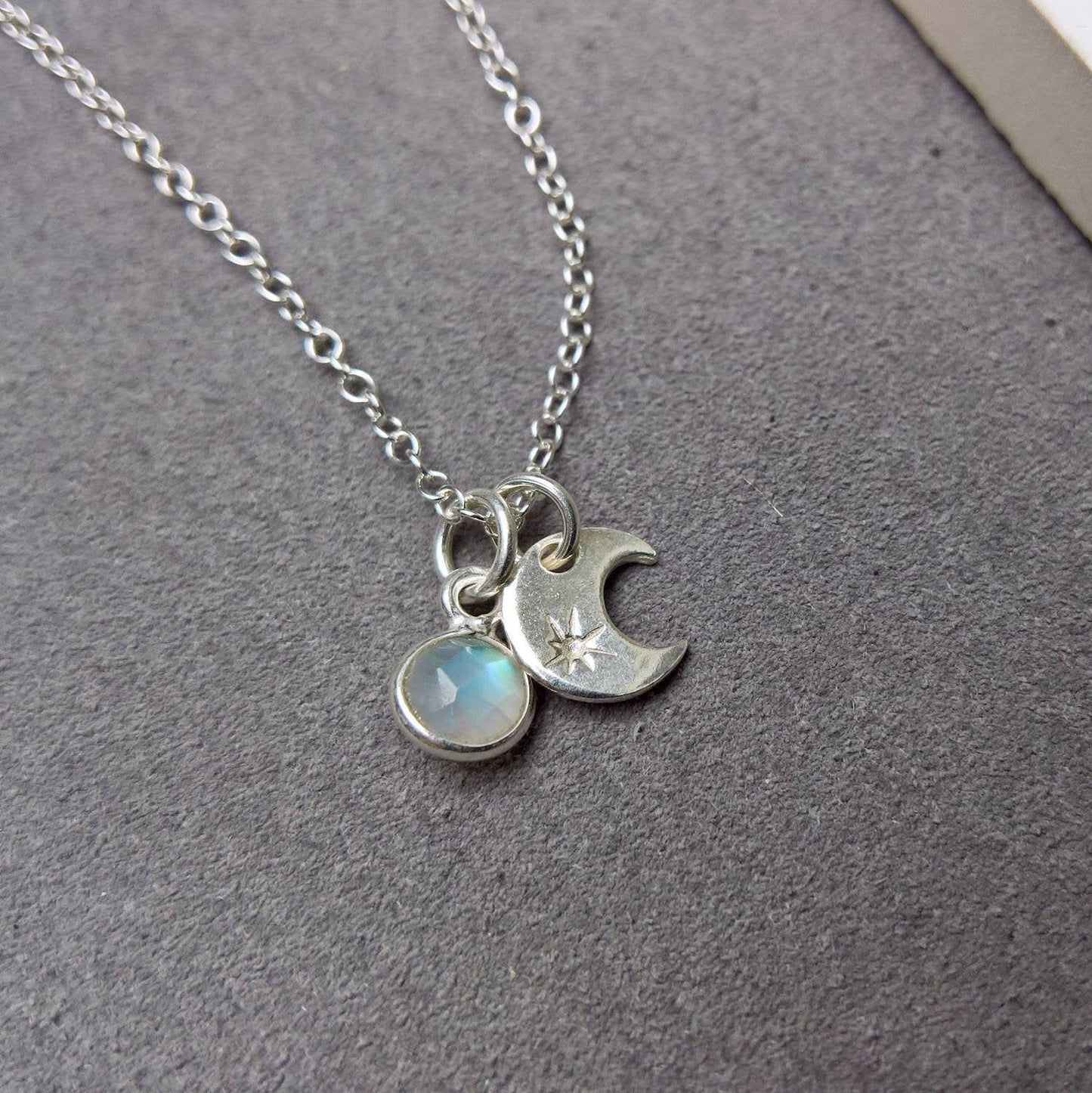 Silver moon and rainbow moonstone necklace