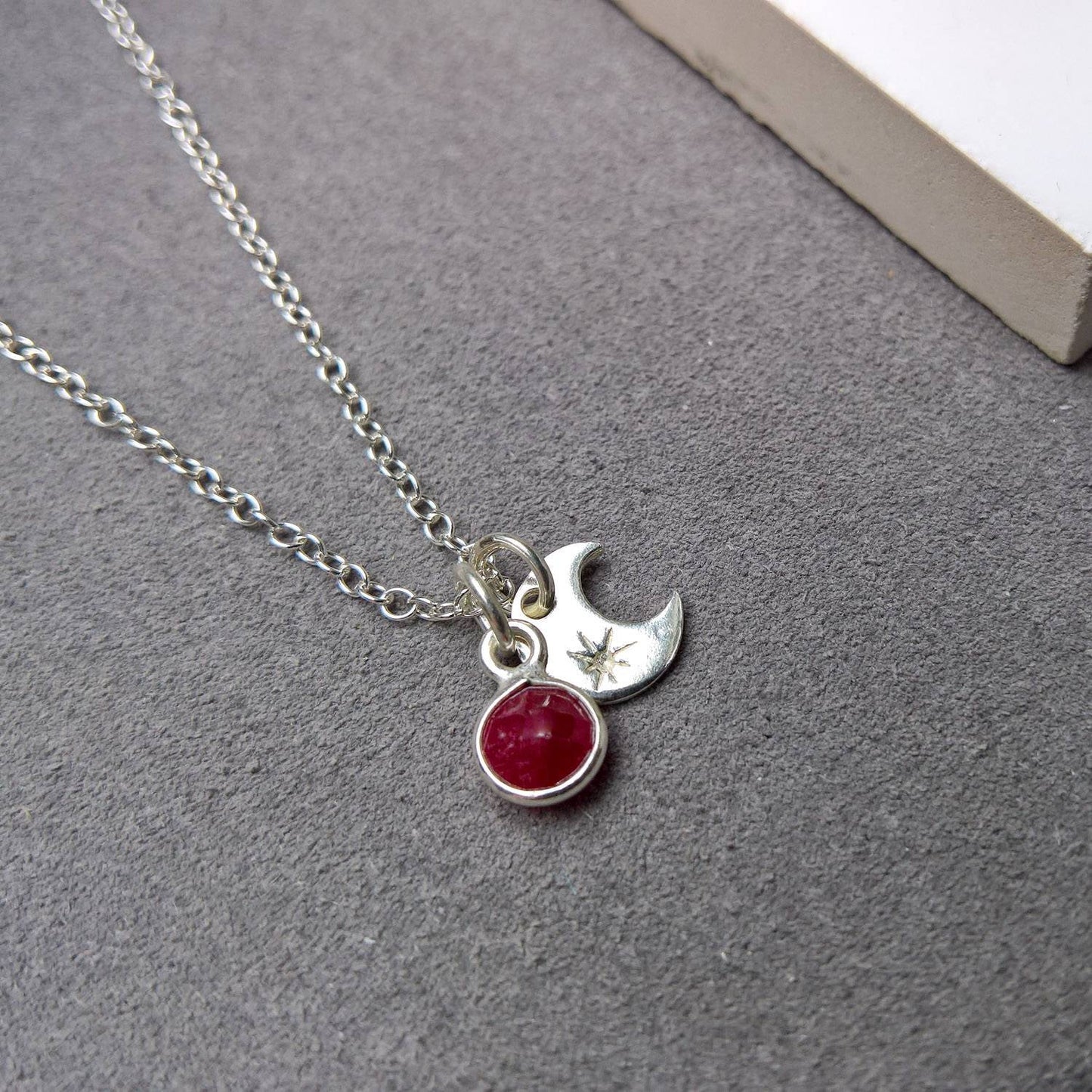 Ruby silver moon necklace