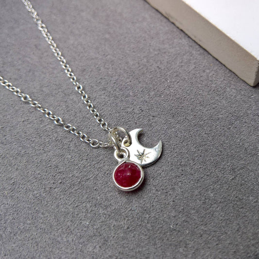 Ruby silver moon necklace