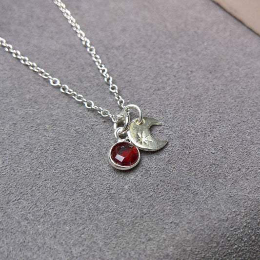 Garnet sterling silver moon charm necklace