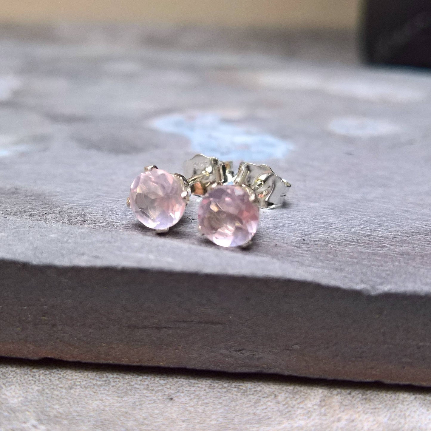 Rose quartz stud earrings in sterling silver or gold filled