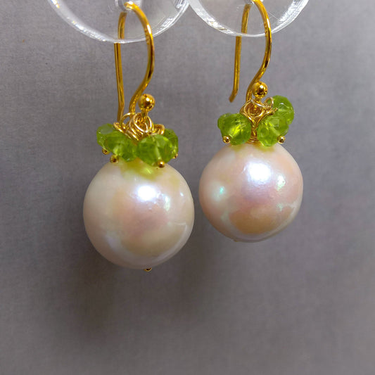Pearl and peridot gemstone cluster earrings