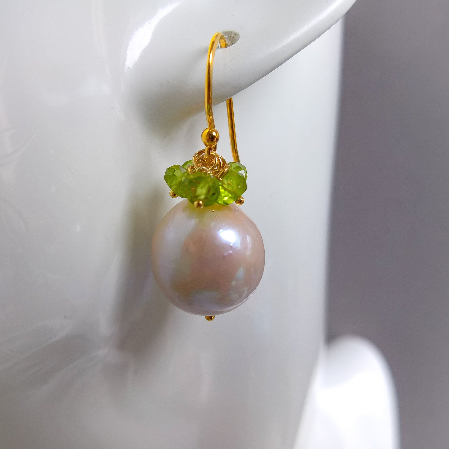 Pearl and peridot gemstone cluster earrings