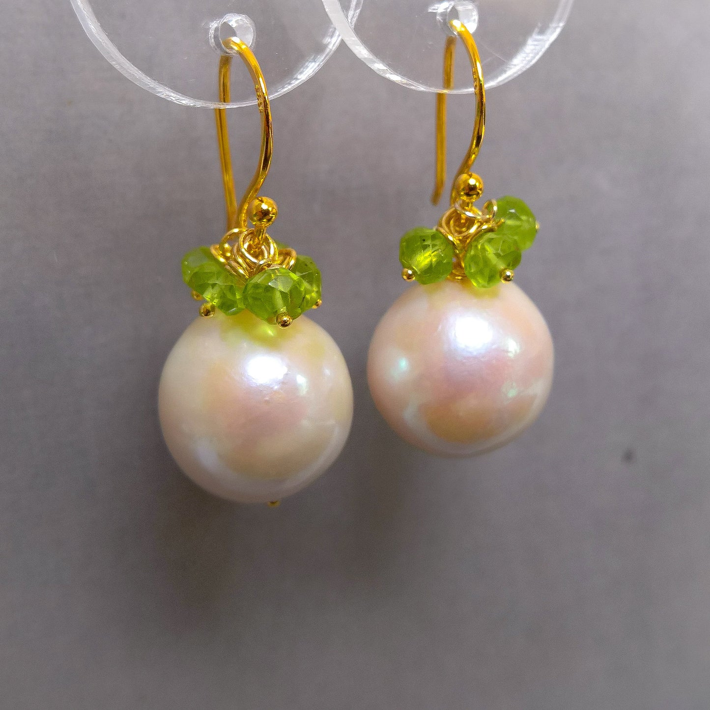 Pearl and peridot gemstone cluster earrings