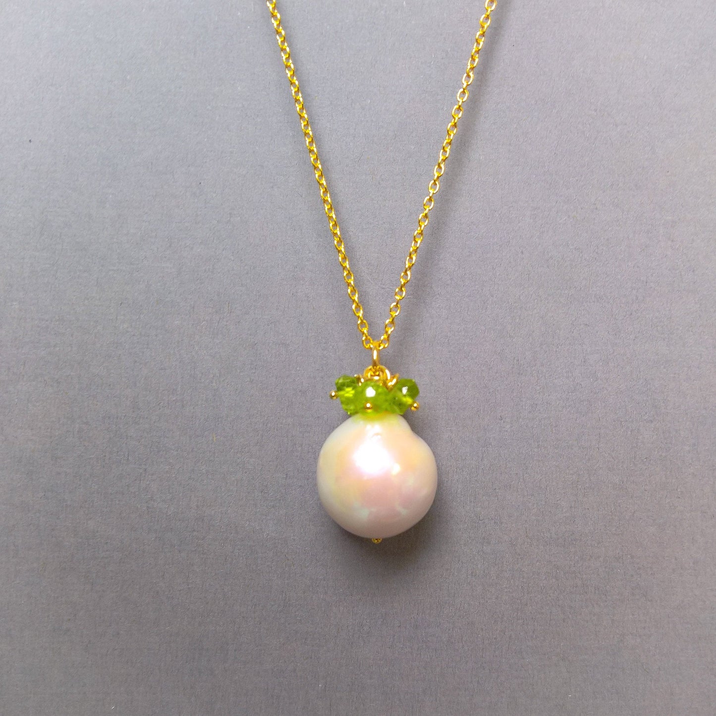 Pearl and peridot gemstone cluster pendant necklace in gold vermeil silver