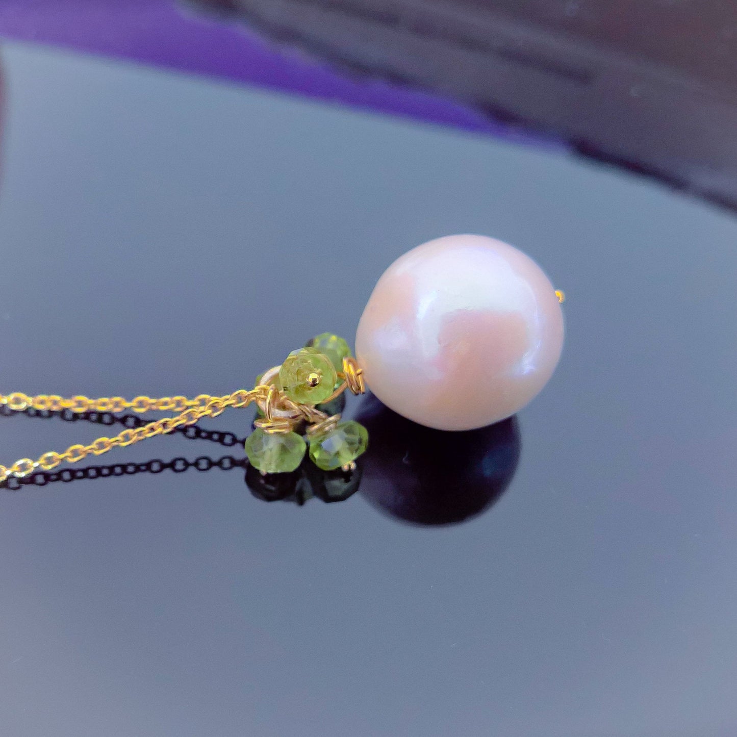 Pearl and peridot gemstone cluster pendant necklace in gold vermeil silver