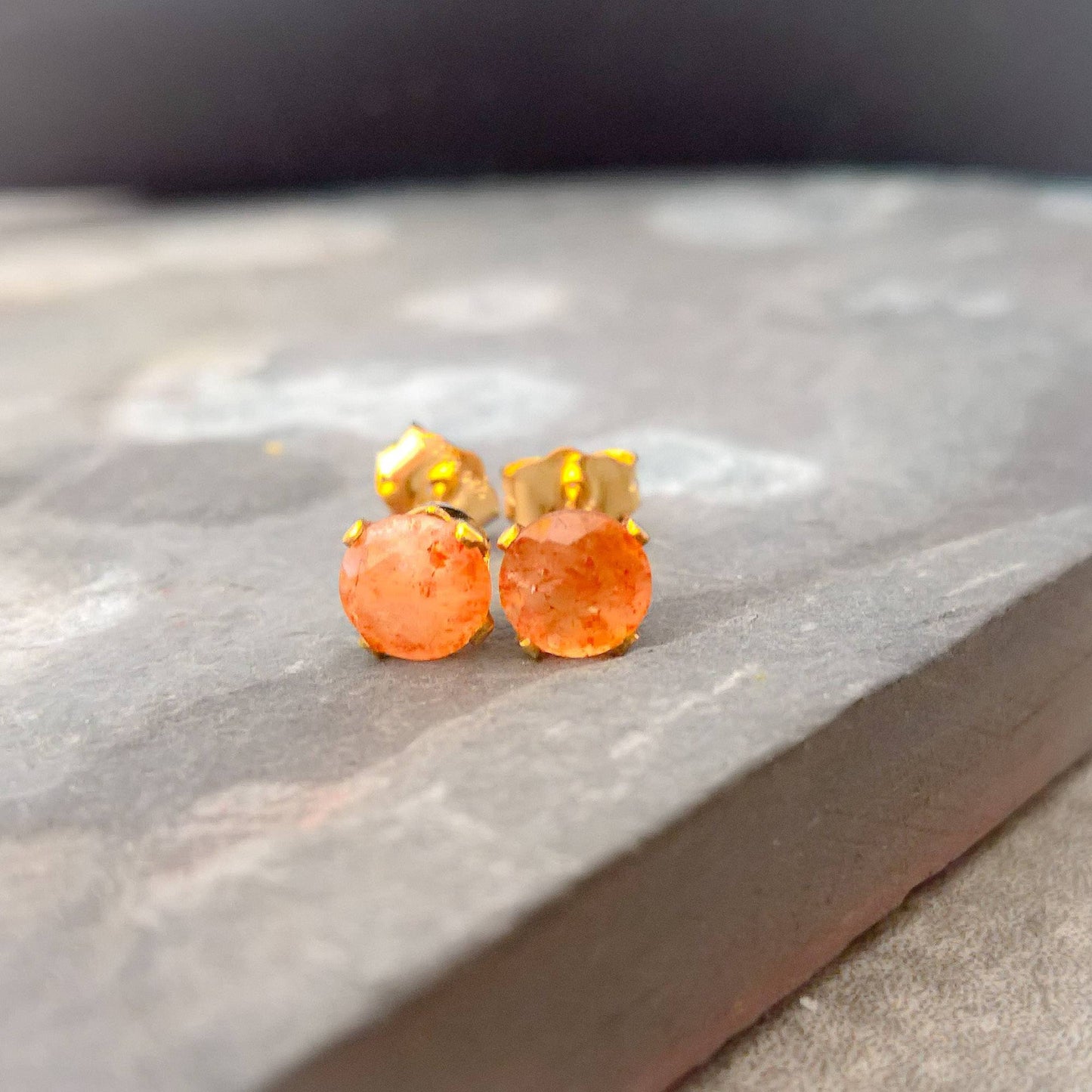 Sunstone gemstone stud earrings in sterling silver or gold filled