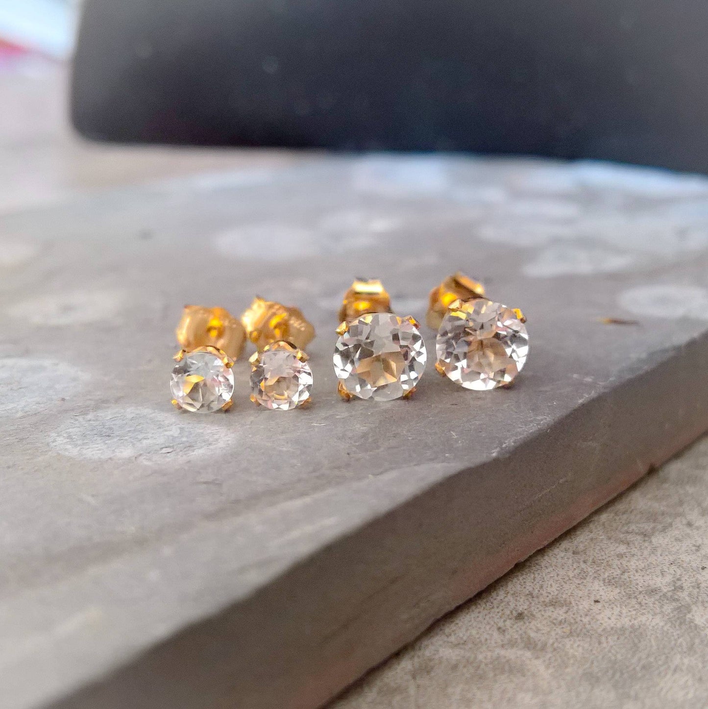 White topaz gemstone stud earrings in gold filled or sterling silver