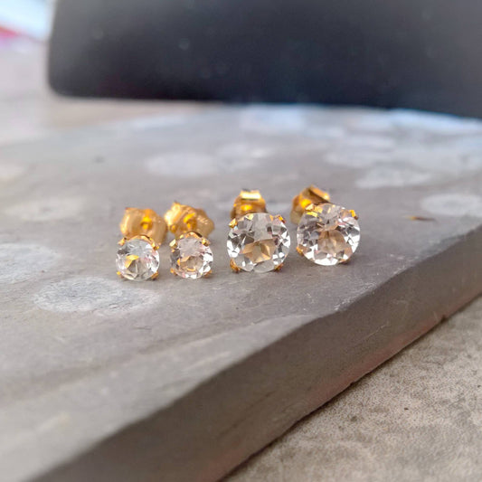 White topaz gemstone stud earrings in gold filled or sterling silver