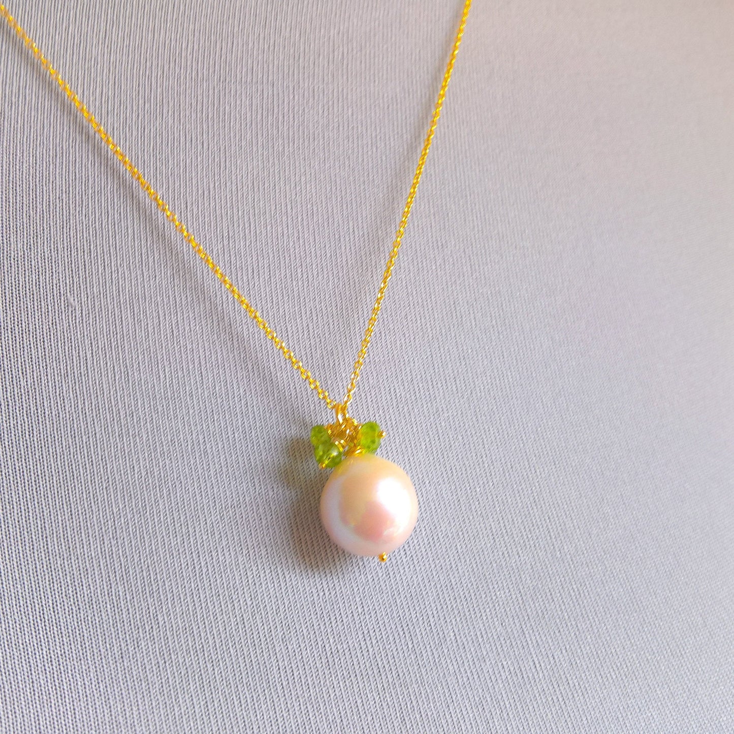 Pearl and peridot gemstone cluster pendant necklace in gold vermeil silver