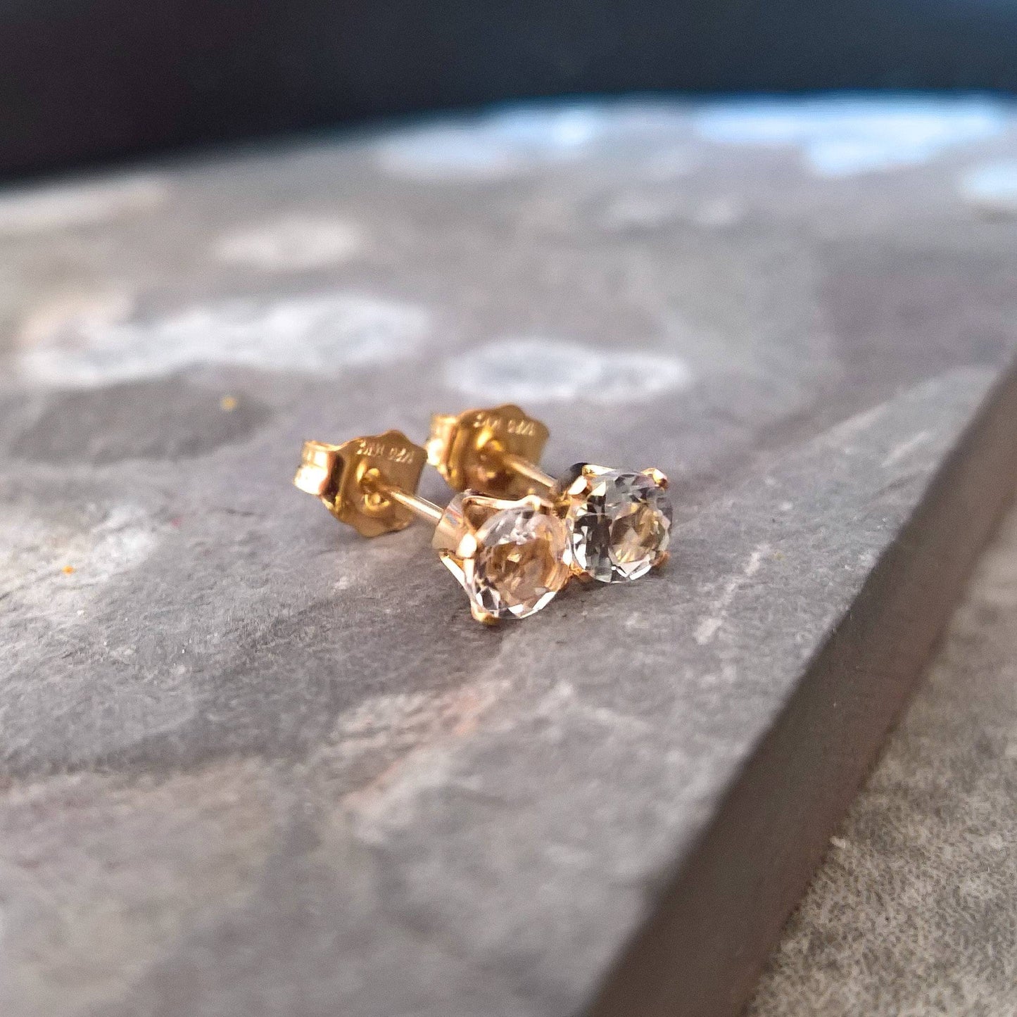 White topaz gemstone stud earrings in gold filled or sterling silver