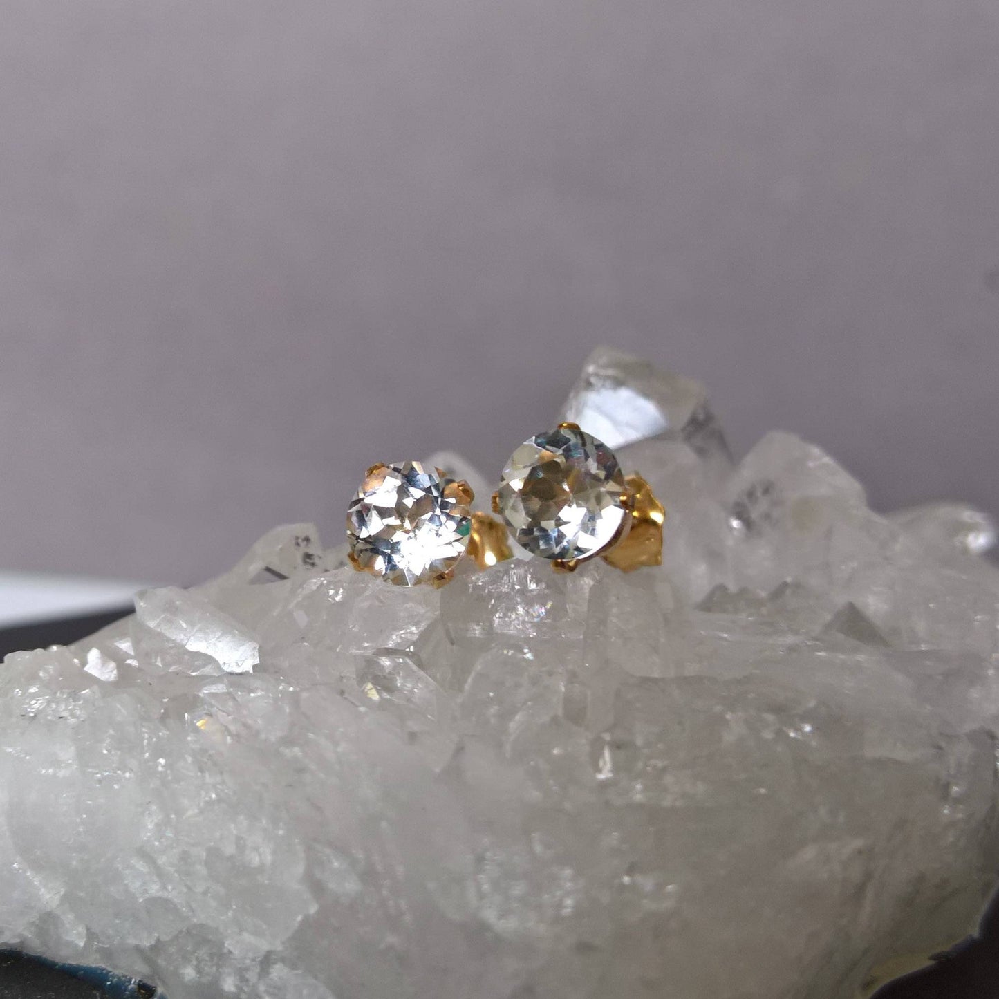 White topaz gemstone stud earrings in gold filled or sterling silver