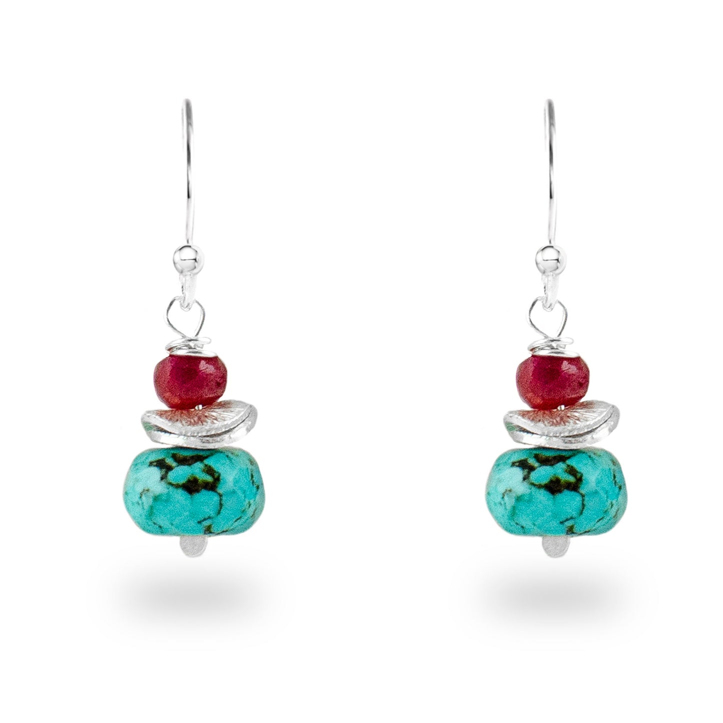 Turquoise and ruby drop earrings in sterling silver