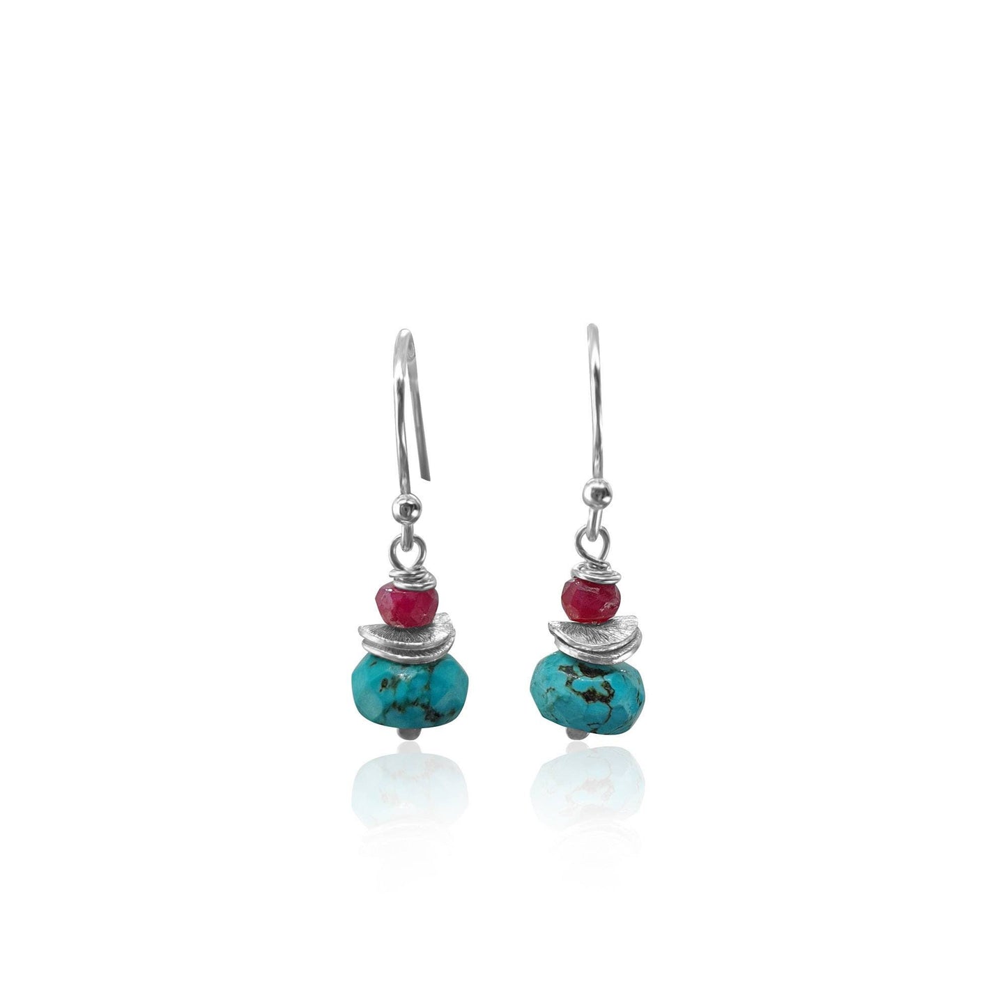 Turquoise and ruby drop earrings in sterling silver