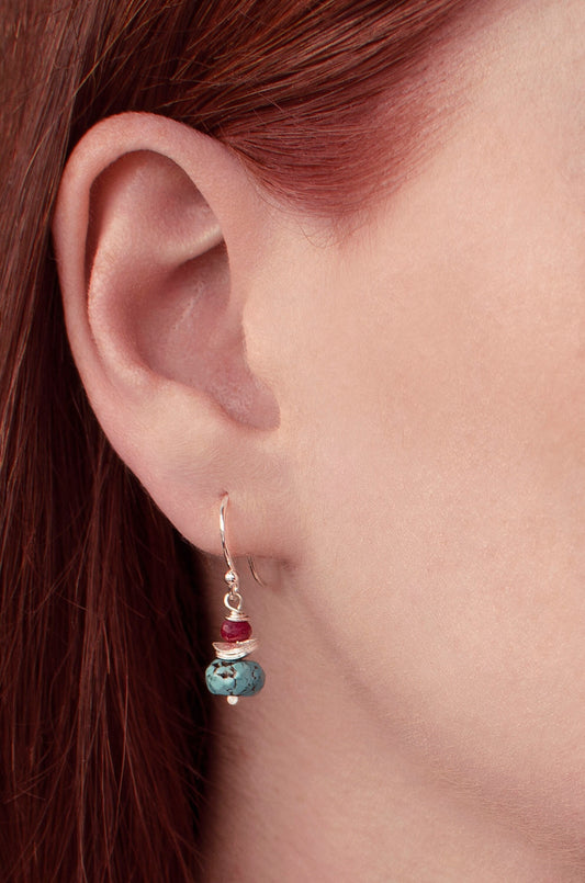 Turquoise and ruby drop earrings in sterling silver