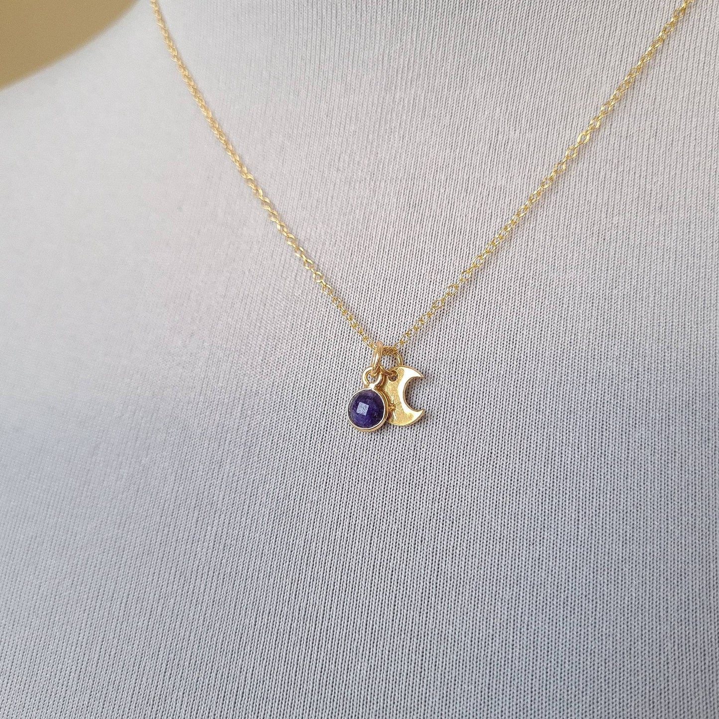 Sapphire pendant gold vermeil silver crescent moon necklace - celestial September birthstone jewellery