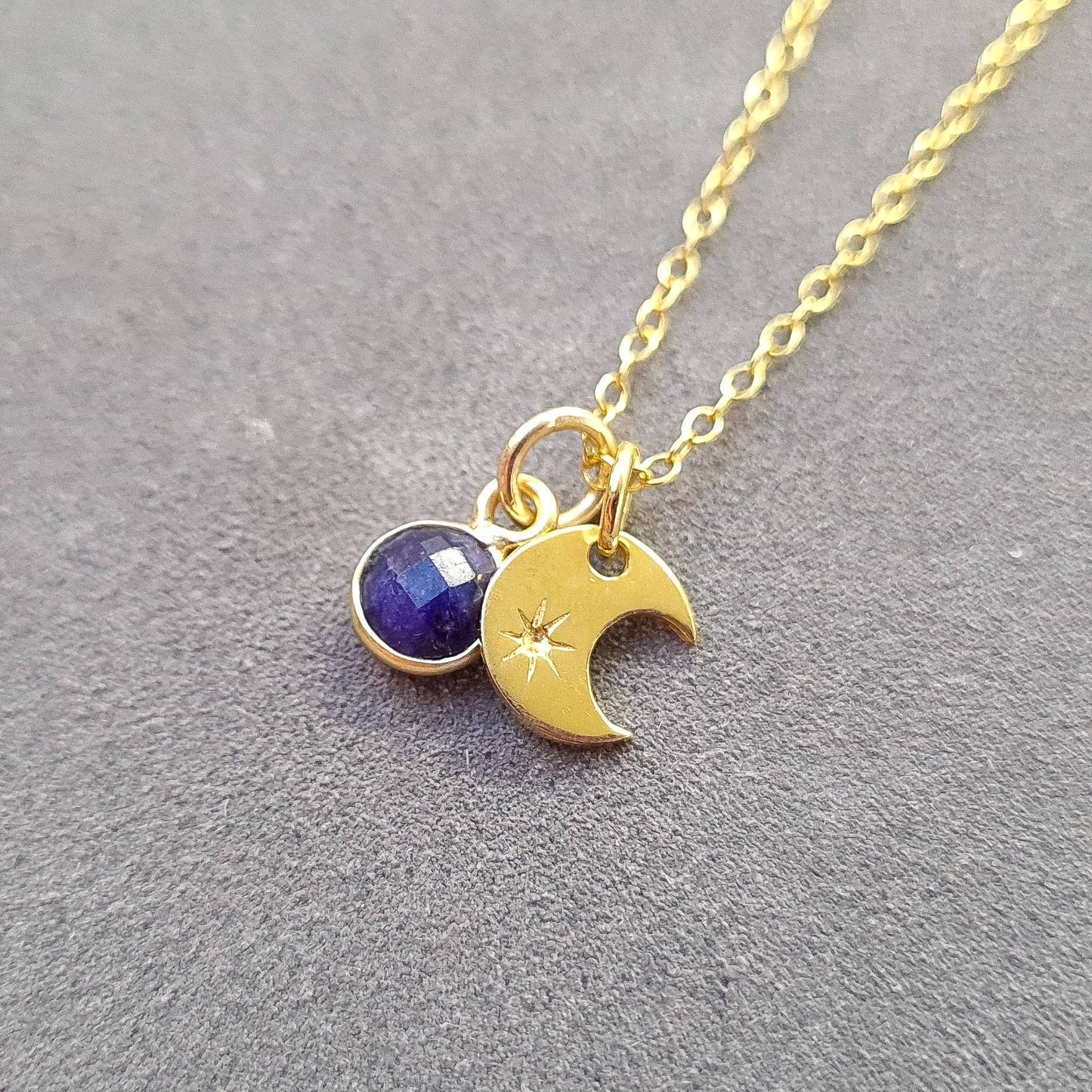 Sapphire pendant gold vermeil silver crescent moon necklace - celestial September birthstone jewellery