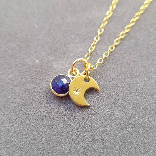 Sapphire pendant gold vermeil silver crescent moon necklace - celestial September birthstone jewellery