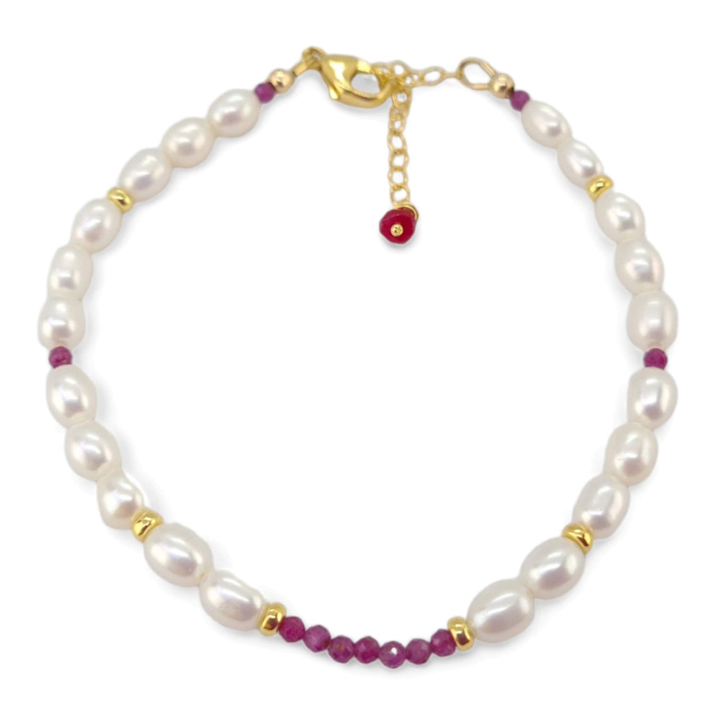 Pearl and ruby gold vermeil silver adjustable bracelet