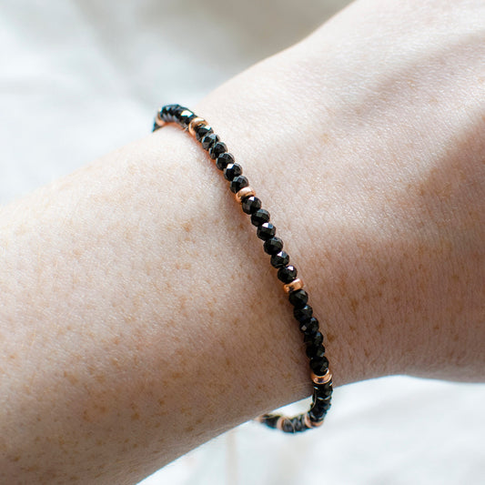 Delicate Unisex Black Gemstone Skinny Stacking Bracelet - Dainty Black spinel rose gold adjustable beaded bracelet - birthday gift idea