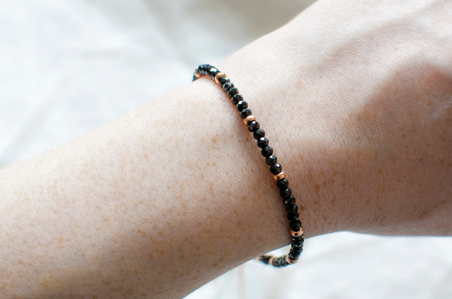 Delicate Unisex Black Gemstone Skinny Stacking Bracelet - Dainty Black spinel rose gold adjustable beaded bracelet - birthday gift idea