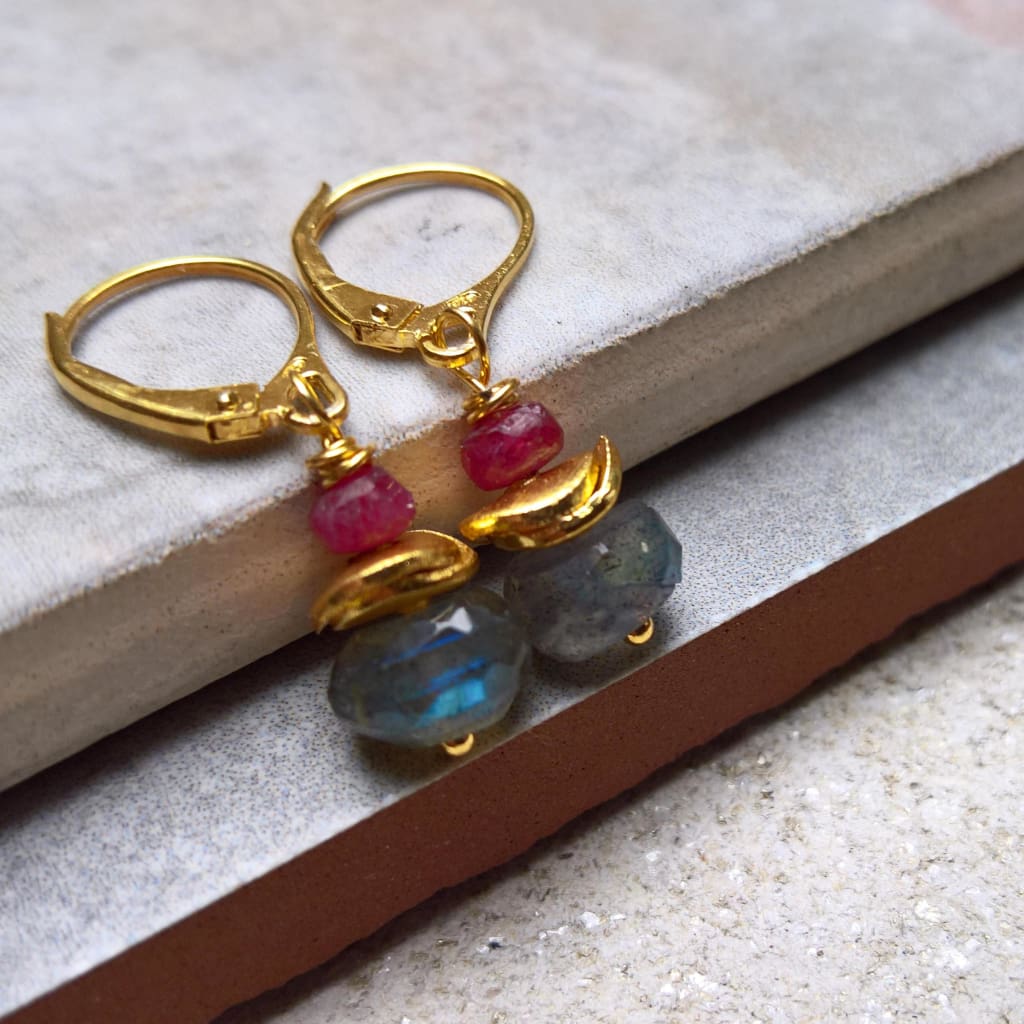 Labradorite and ruby drop earrings