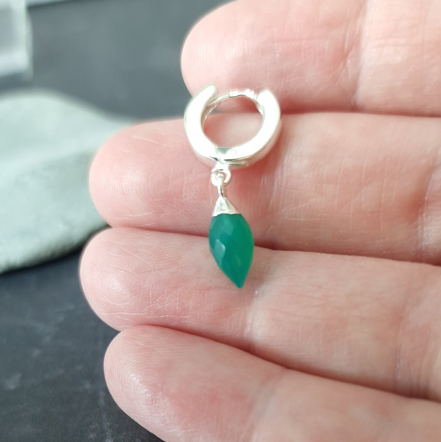 Sterling Silver Single Green Onyx Huggie Hoop Earring - August Birthstone Gift Unisex Design