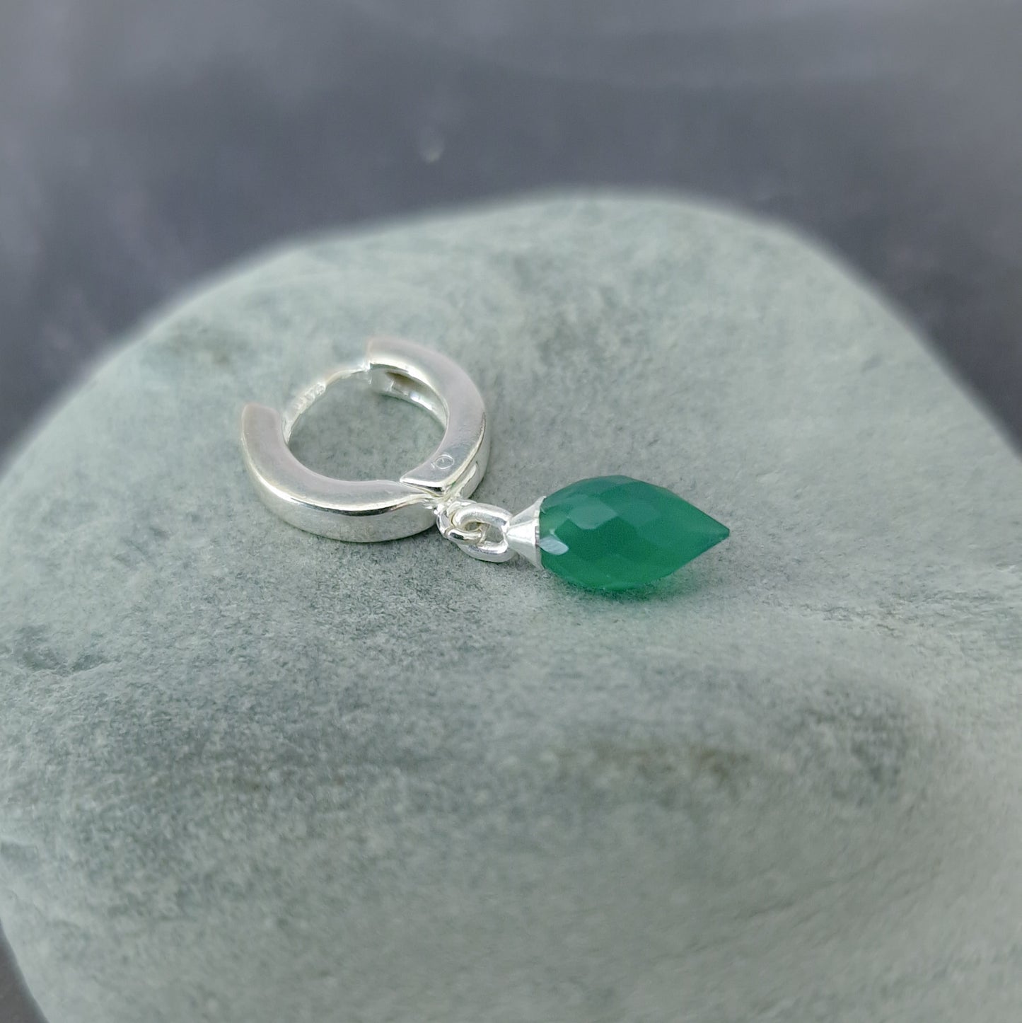 Sterling Silver Single Green Onyx Huggie Hoop Earring - August Birthstone Gift Unisex Design