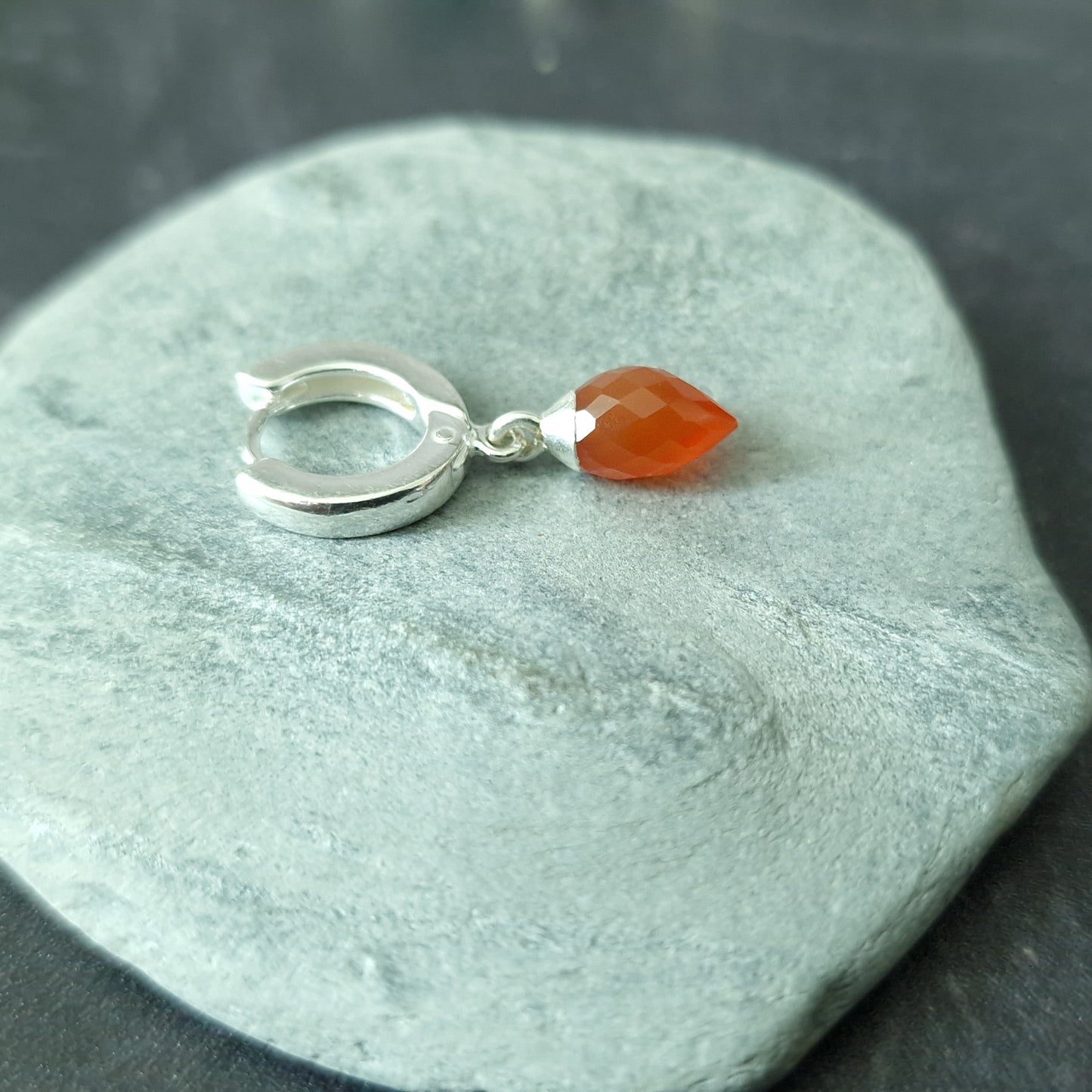 Sterling Silver Single Carnelian Huggie Hoop Earring - August Birthstone Gift Unisex Design