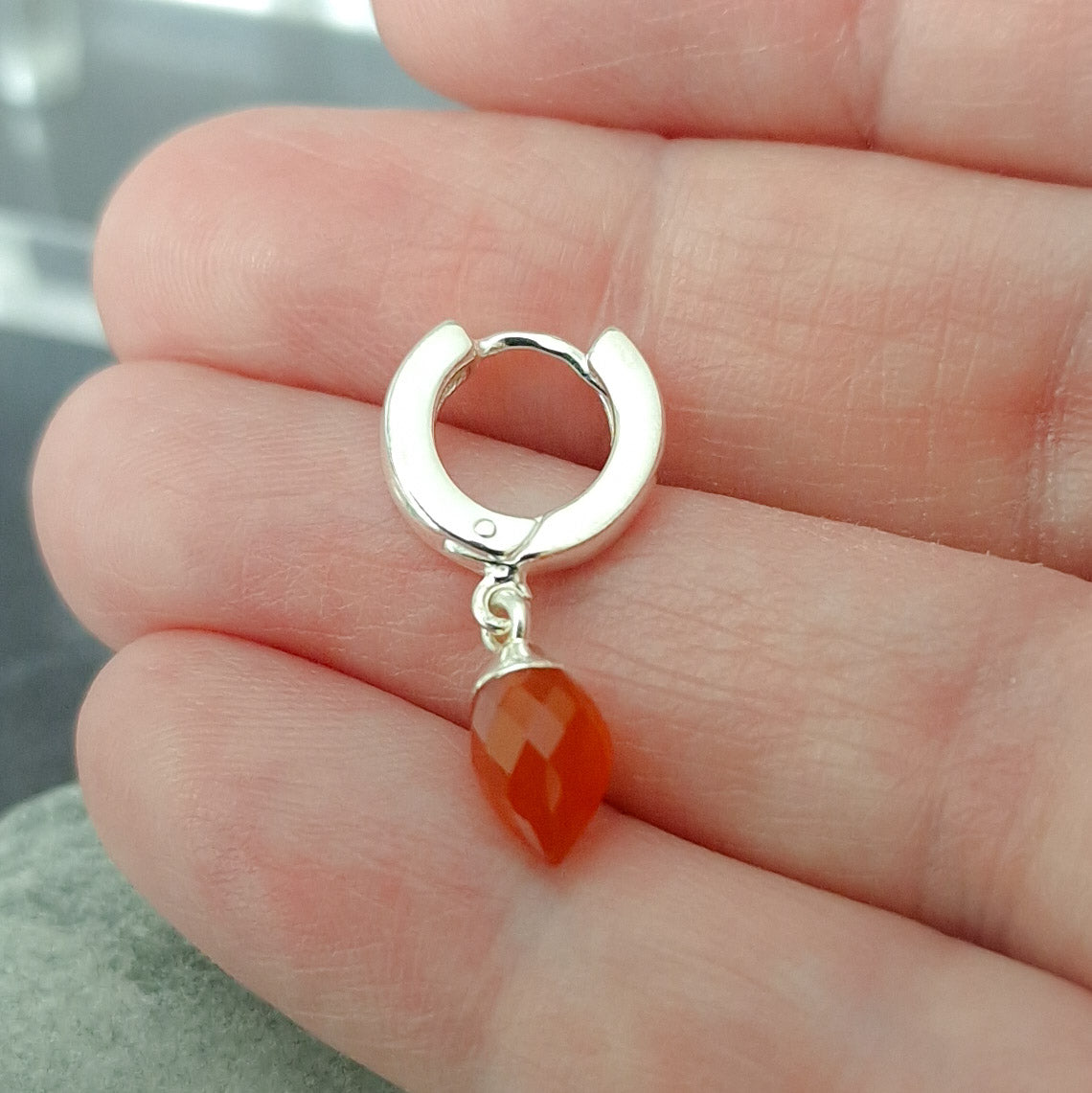 Sterling Silver Single Carnelian Huggie Hoop Earring - August Birthstone Gift Unisex Design